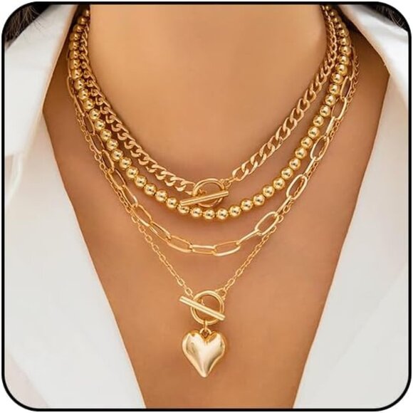 Layered Gold Necklace Set for Women Non Tarnish Chunky Paperclip Heart Pendant - Picture 1 of 7